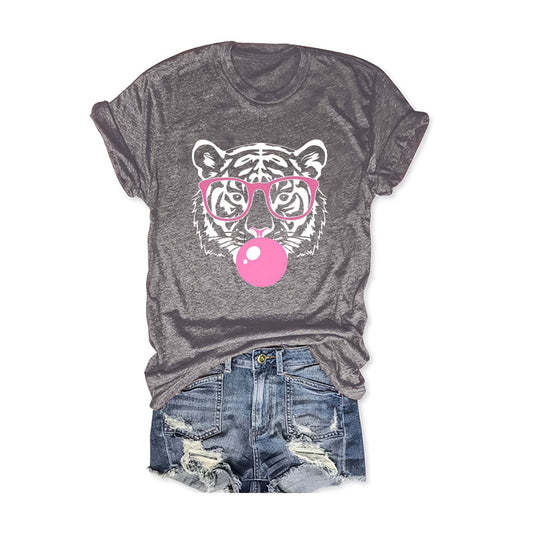Women's Tiger With Glasses Blow Bubbles Print Round Neck T-Shirt - Summer Casual Tee