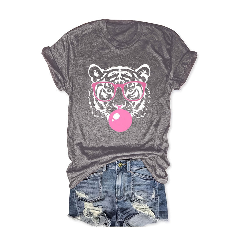 Women's Tiger With Glasses Blow Bubbles Print Round Neck T-Shirt - Summer Casual Tee
