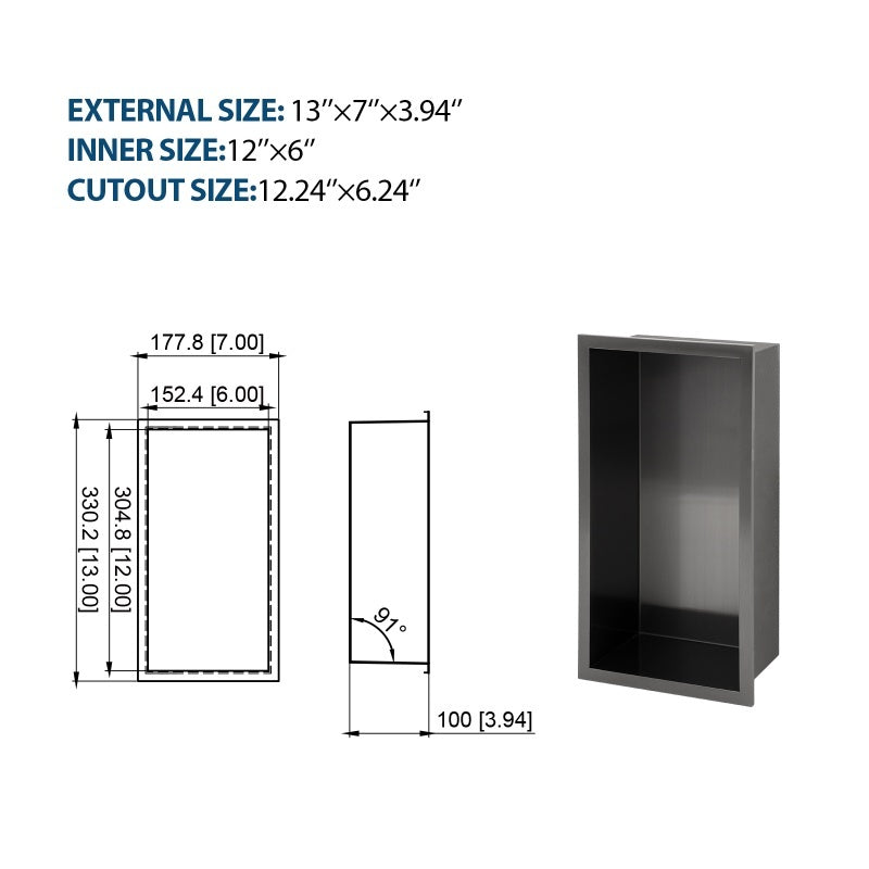 13 X 7in Stainless Steel Shower Niche - Gunmetal Black, Waterproof, Easy Installation, Corrosion-Resistant