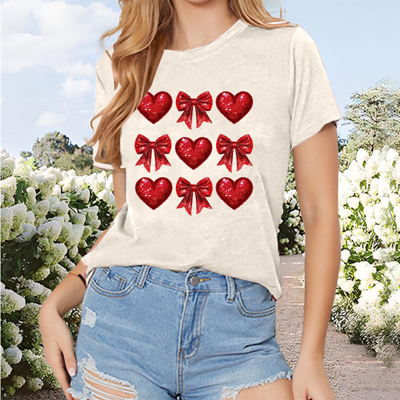 Women's Round Neck Short Sleeve T-Shirt With Bow & Heart Print, Casual Summer Top