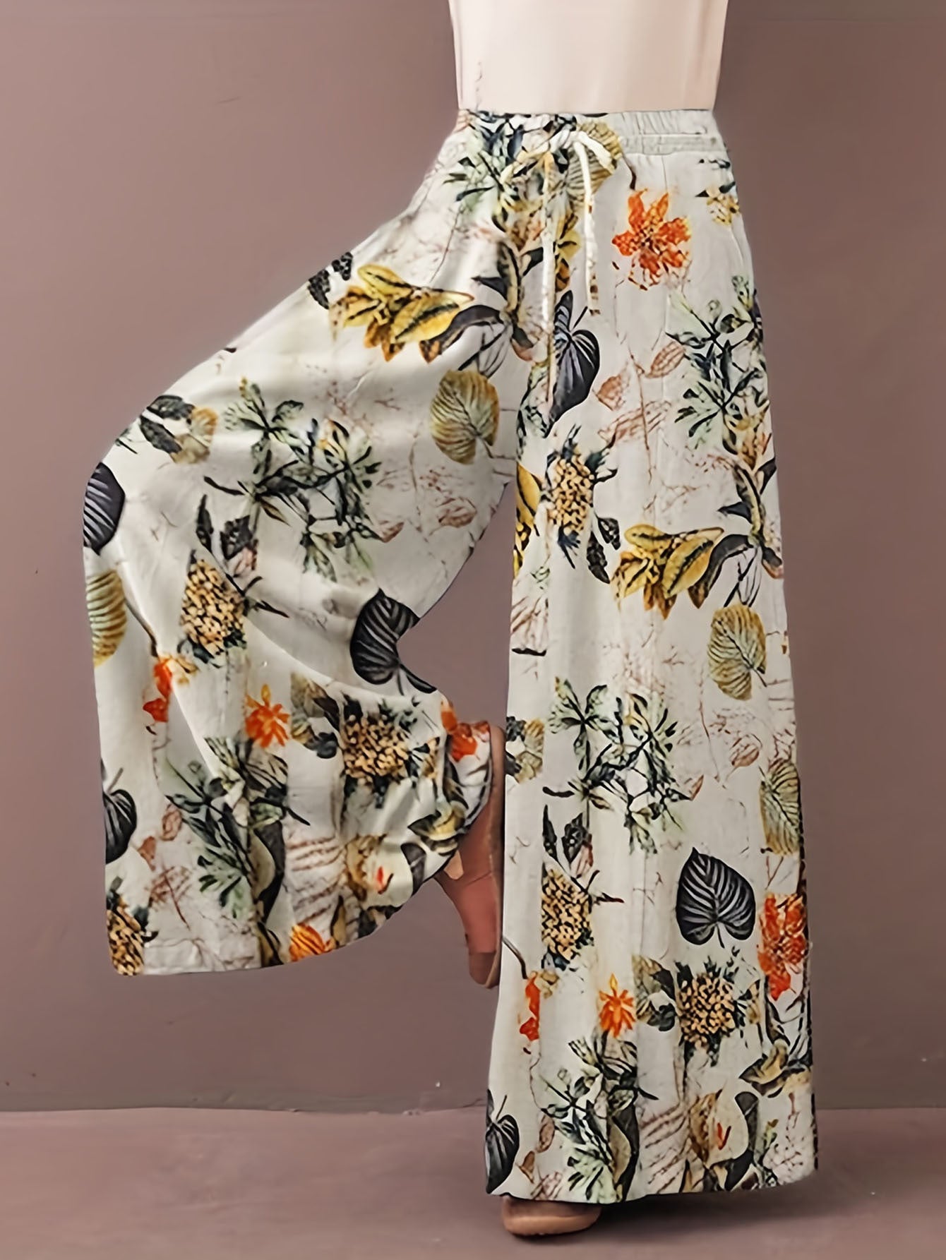 Plus Size Botanical Print Tie Women'S Casual Waisted Loose Wide Leg Pants