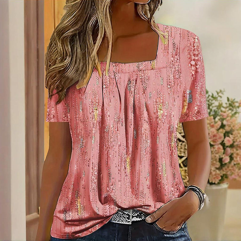 Women's Casual Square Neck Glitter T-Shirt - Sparkling Short Sleeve Top With Printed Design, Vibrant Spring&Summer Fashion Tee