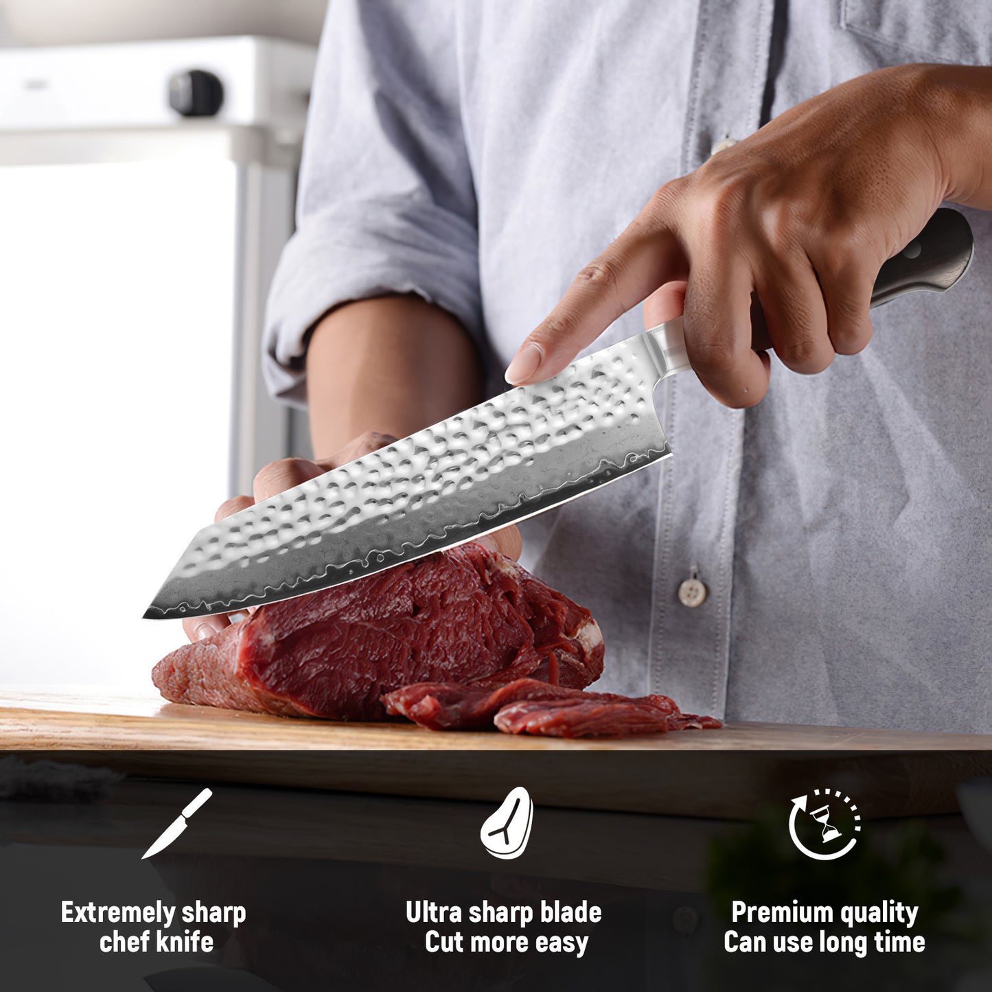 8.5 Inch Kiritsuke Knife, Professional VG10 Damascus Steel Chef Knife With Hammered Blade, Ultra Sharp Kitchen Slicing Knife With Ebony Wood Handle & Gift Box