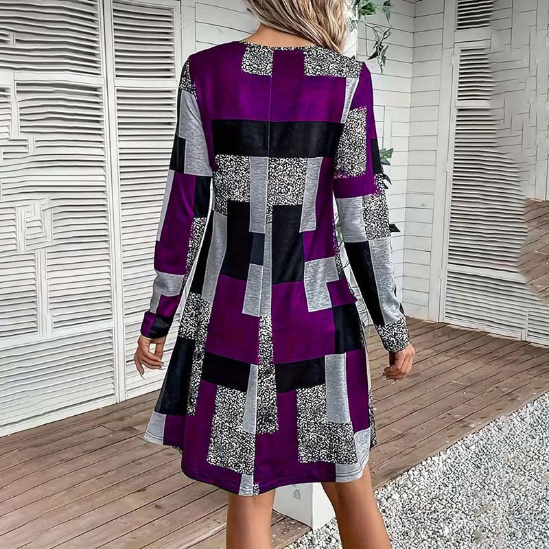 Women's Round Neck Long Sleeve Dress - Digital Print Casual Elegant Spring & Fall Dress