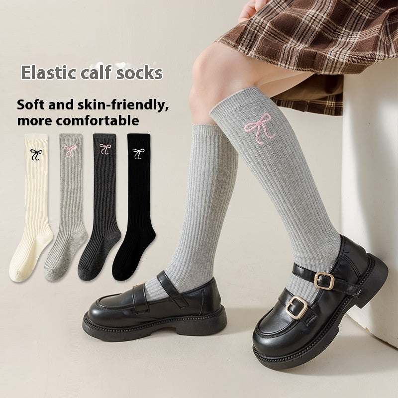 Bowknot Embroidery Stockings Preppy Style Calf Socks Children's High-top Cotton Socks