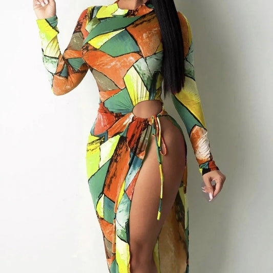 Ladies' Color Block Printed Sexy And Fashionable Slit Long Sleeved Dress