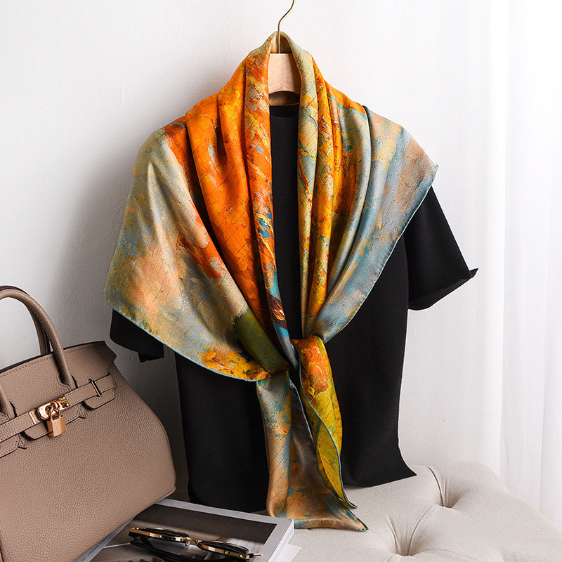 Oil Painting Autumn Thick Silk Big Square Scarf