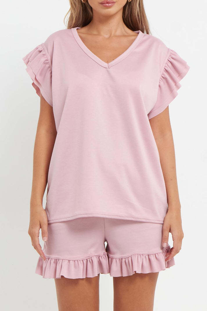 Ladies V Neck Frill Peplum Sleeve Top And Short 2 Piece Tracksuit Set