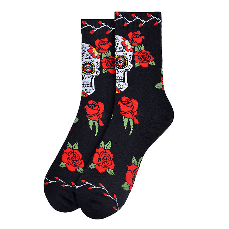 Skull Rose Jacquard Tide Mid-high Socks