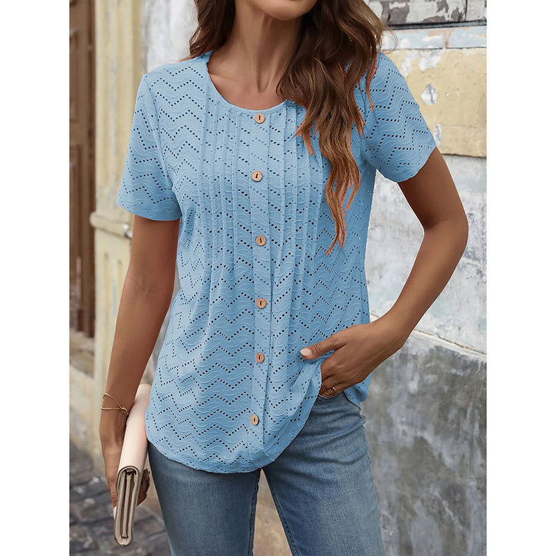 Women's Summer Pleated Button Short Sleeve T-Shirt Summer Crew Neck Solid Color Casual Top