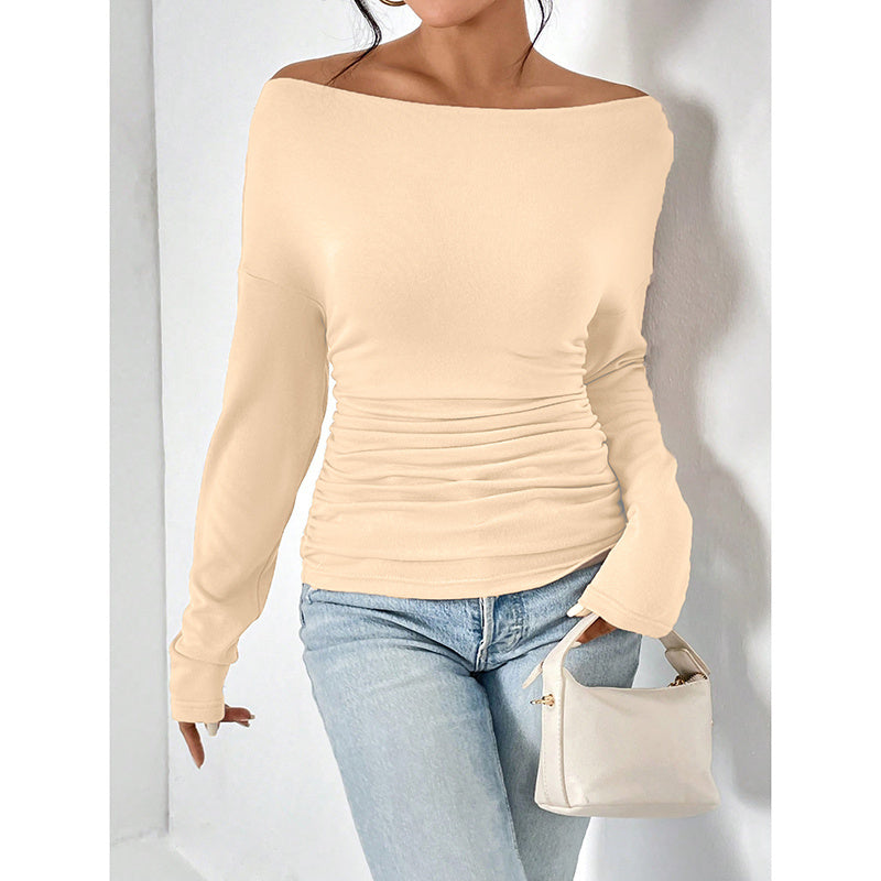 Women's Off The Shoulder Tops Long Sleeve T Shirts Going Out Tops Casual Trendy Ruched Slim Fitted Tees