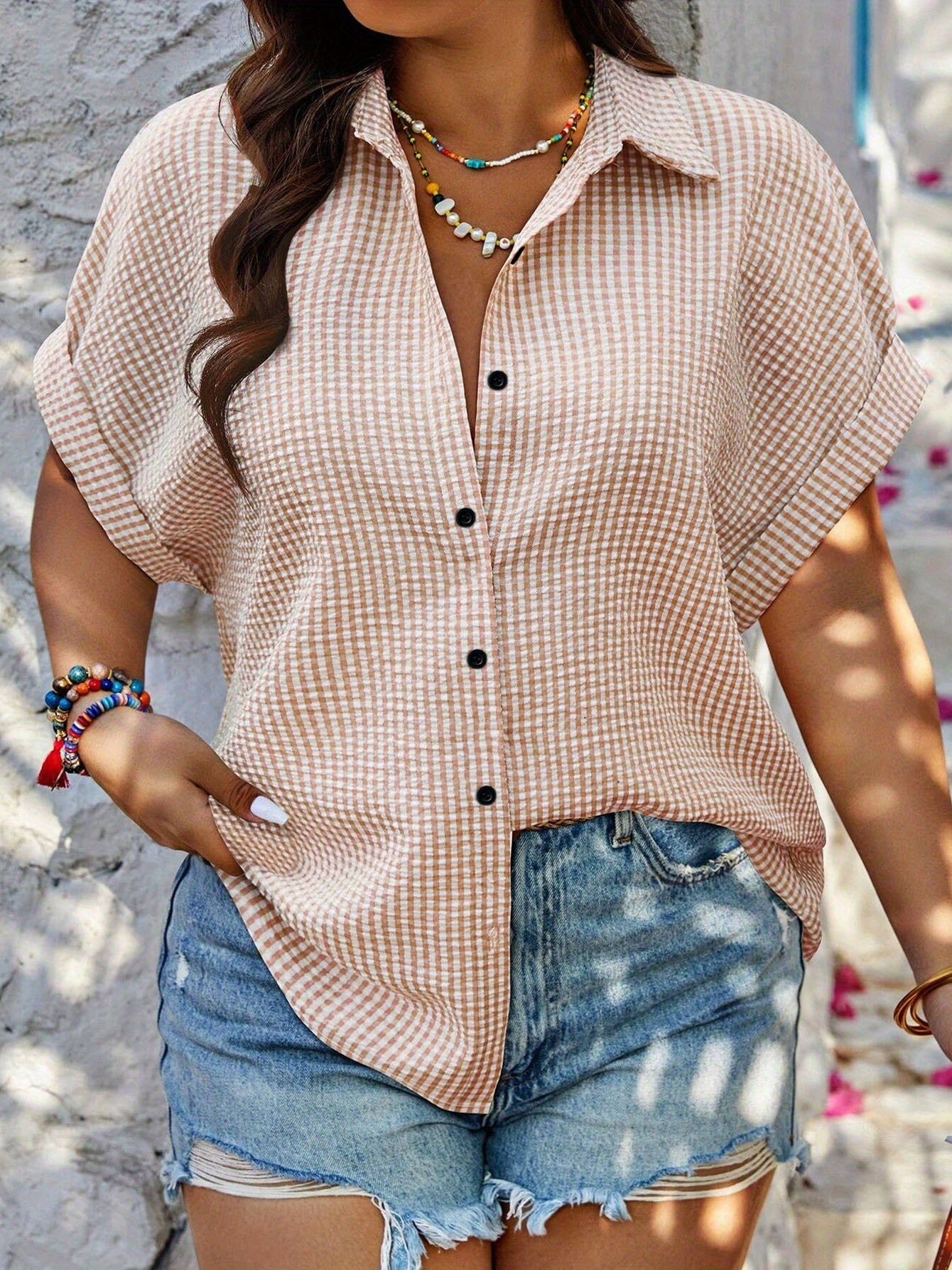 Women's Plus Size Plaid Button-Down Shirt - Summer Casual Collared Work Outdoor Top