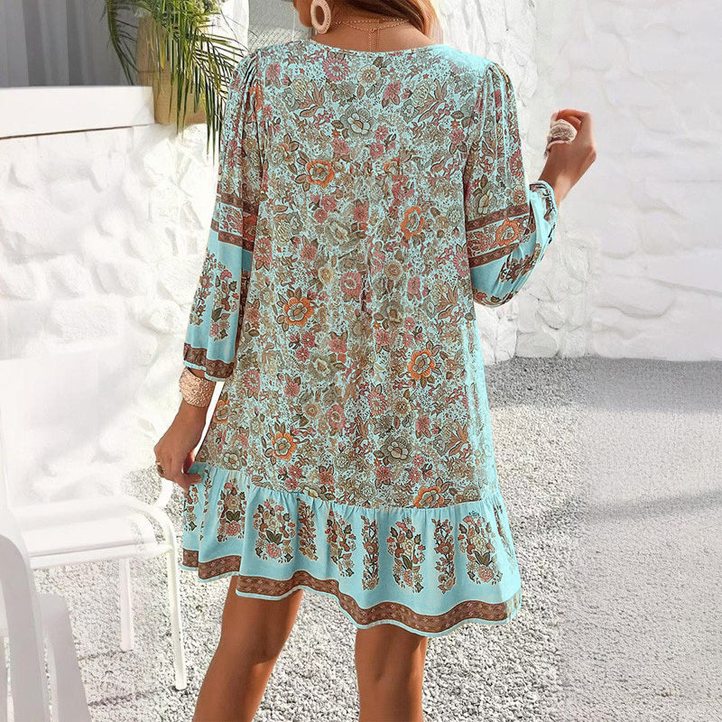 Women's Elegant V-Neck Fringe Bow Floral Print Dress Long Sleeve Comfortable Spring&Summer Dress
