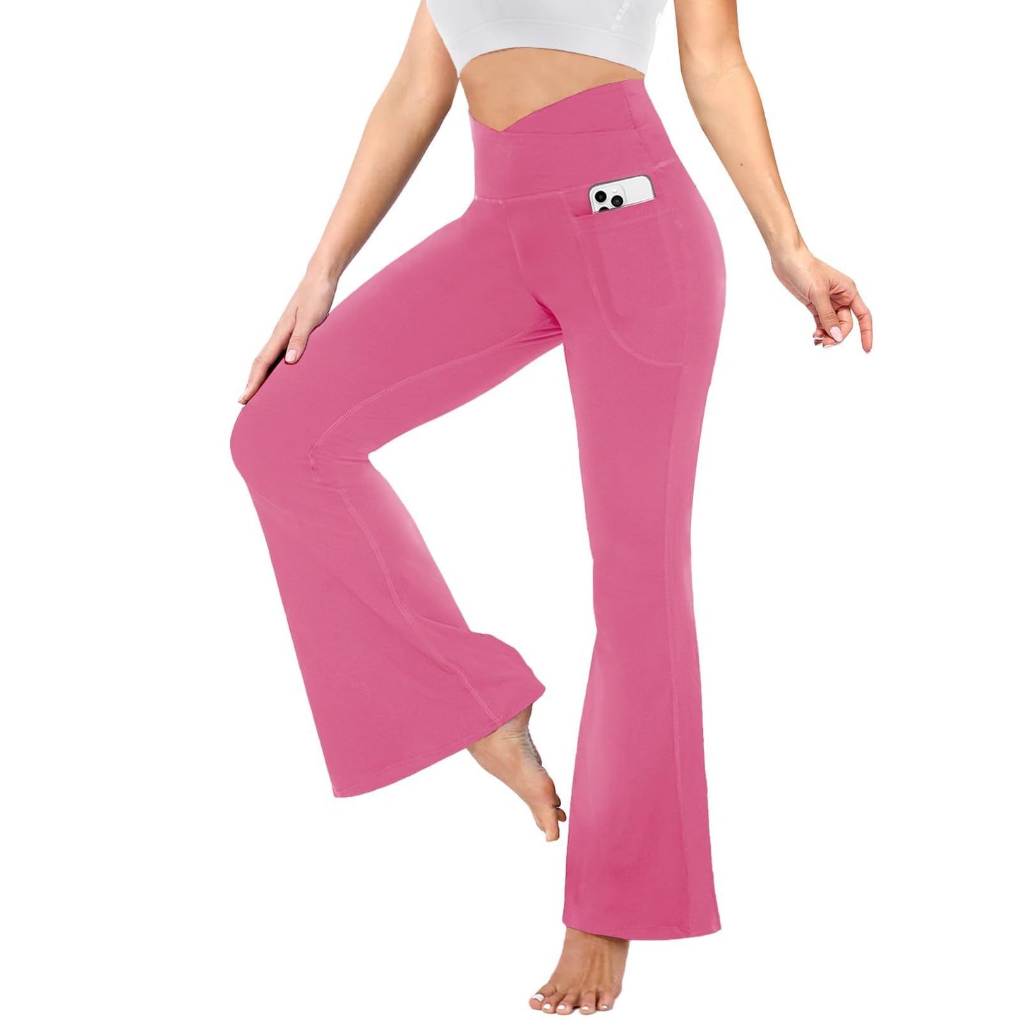 Flared Pants - Cropped Crossover Waist Pockets Solid Pink