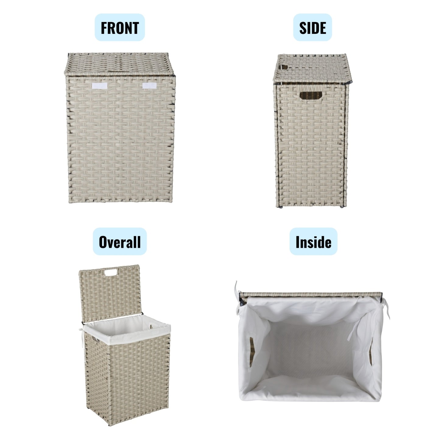 Laundry Hamper With Lid PE Rattan Powder Coating Frame Clothes Hampers With 02 Removable Bags,