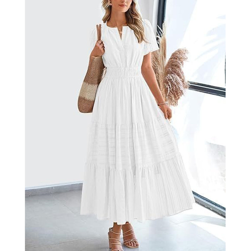Women's Summer Short Sleeve V Neck Swing Dress Flowy Pleated Tiered Maxi Beach Sundress With Pockets