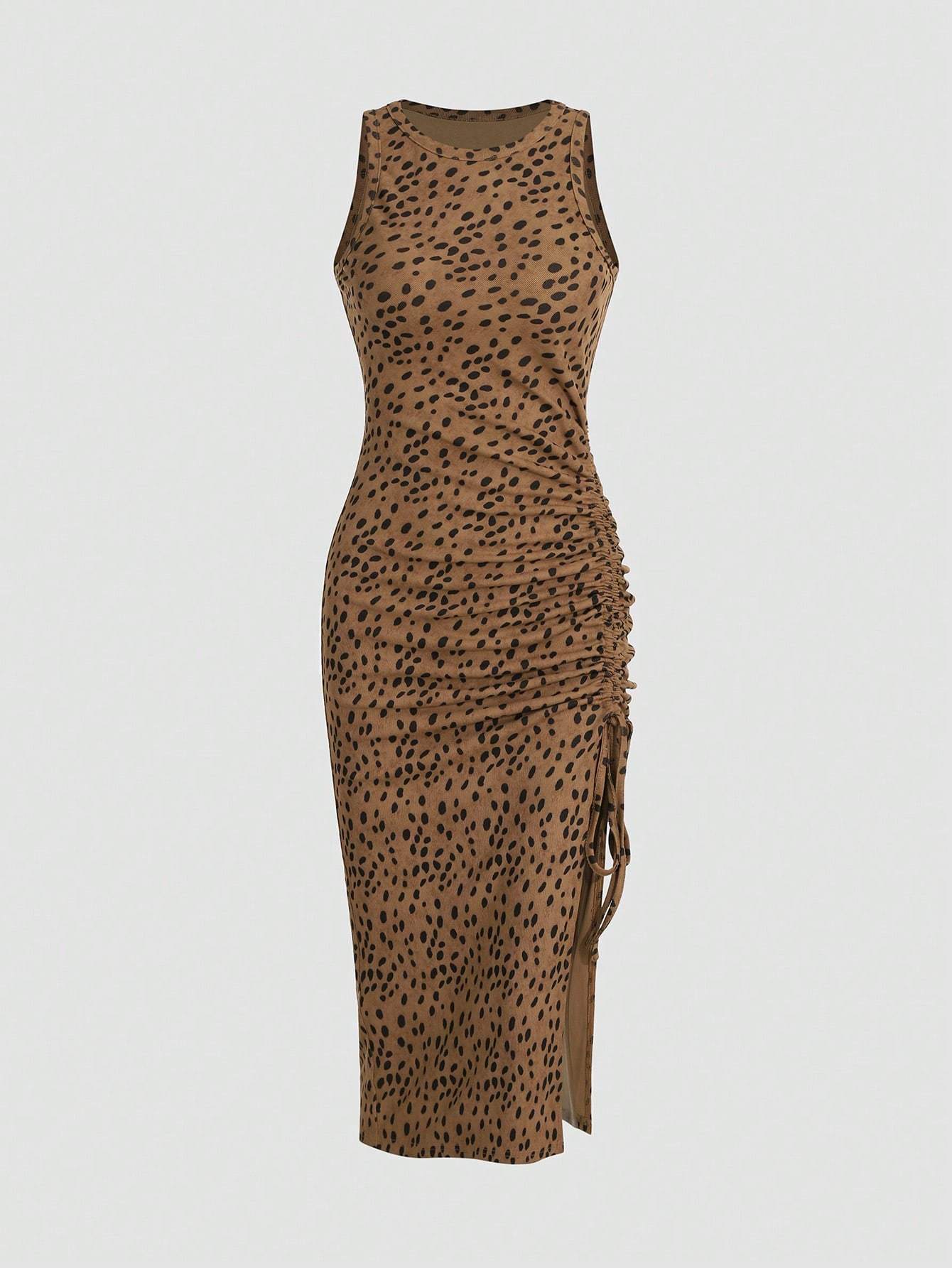 Women's Round Neck Sleeveless Shirred Slit Ribbed Leopard Print Fashion Dress