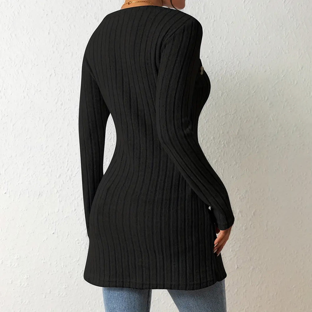 Elegant Women's Solid Color Slim-Fit Long Sleeve Top - Square Neck & Button Detail With Asymmetric Hem, Casual Fall&Spring Blouse