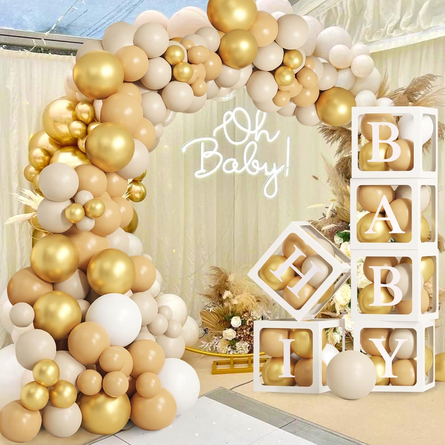 172pcs White Gold Balloon Box Decoration Set - 6 Clear Boxes, Letters & Balloons For Party, Birthday, Name Display