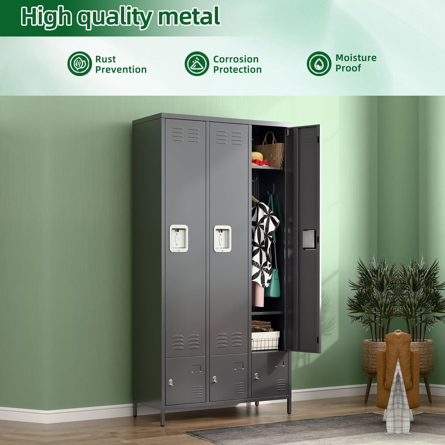 Metal Storage Locker With 3 Big Doors & 3 Small Doors, Lockers For Employees With Hooks For School Garage Office Gym Bedroom,Assembly Required,Dark Grey