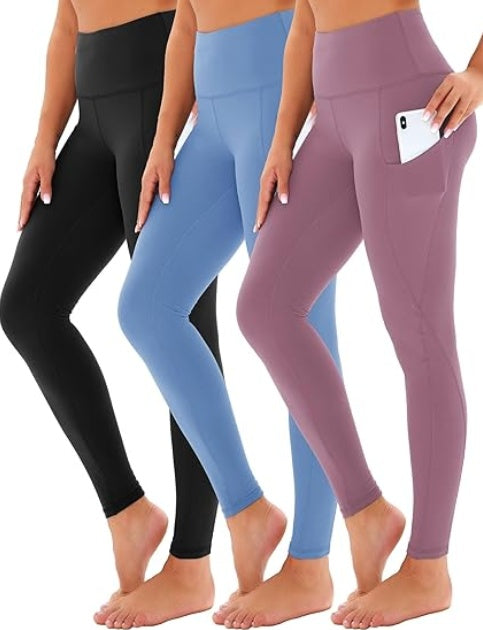 Yoga Pants - Cropped High-waisted Slanted Pockets, 3 Pieces Of Polyester Double Mill, Black Polyester Double Mill, Light Blue, Polyester Double Mill In Bean Paste