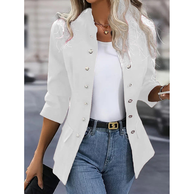 Women's Open Front Mock Neck Double Breasted Long Sleeve Blazer Business Jacket