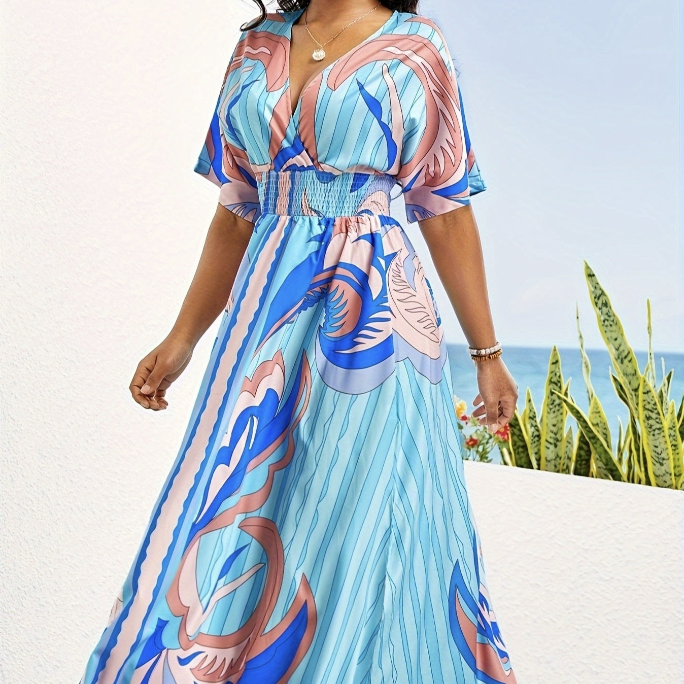 Ladies' Painted Drawing V-neck Waist Cinched Pleated Printed Dress