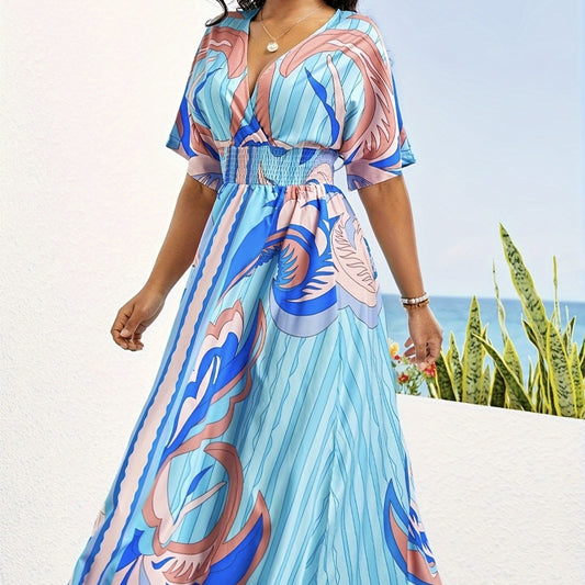 Ladies' Painted Drawing V-neck Waist Cinched Pleated Printed Dress