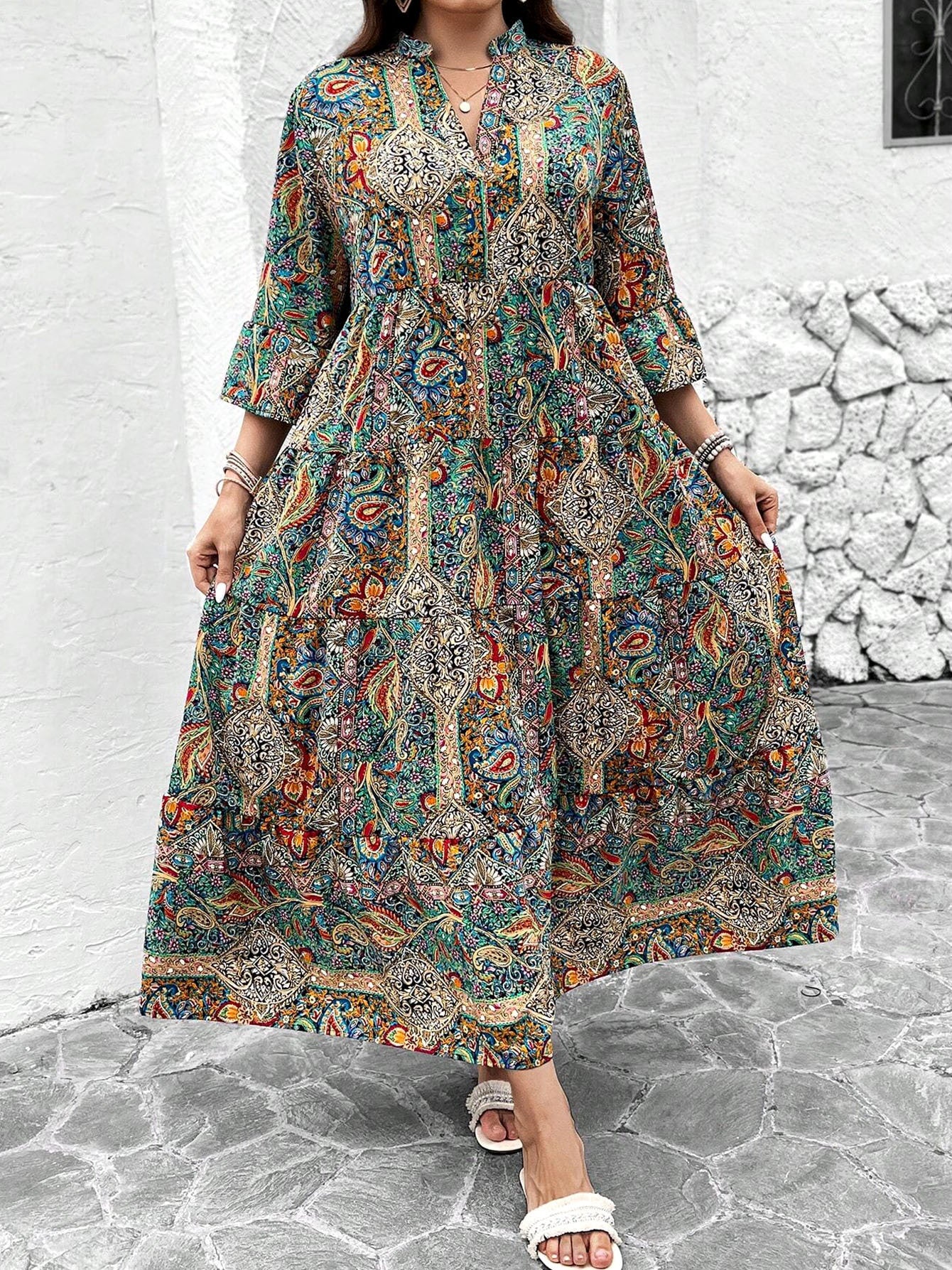 Women's Plus Size V-Neck Printed Party Vacation Midi Dress With Seamless Design