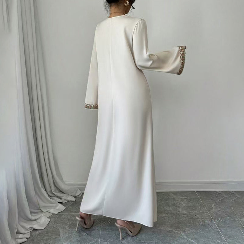 Women's Middle Eastern Embroidered Maxi Dress - Round Neck Long Sleeve Flowy Kaftan With Exquisite Embroidery, Loose Fit