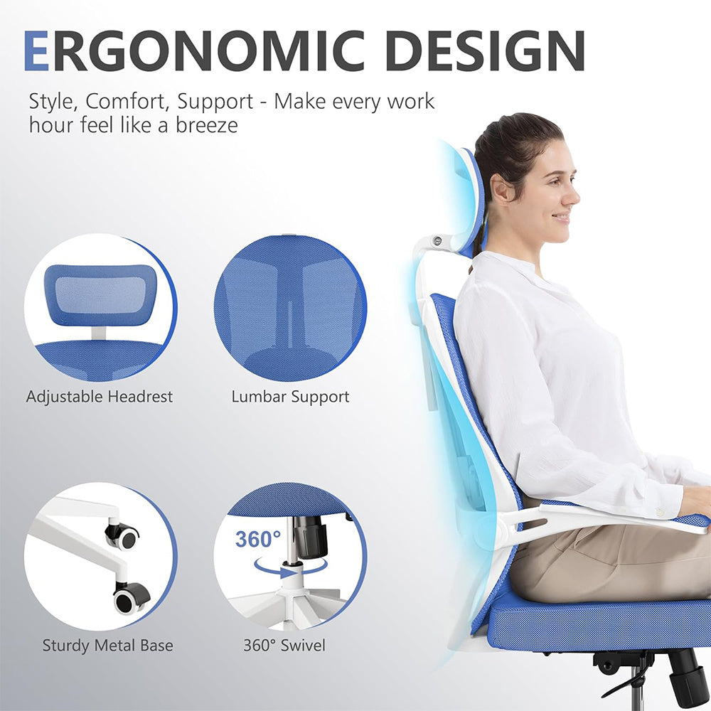 Ergonomic Office Chair, High Back Computer Desk Chair Comfortable Lumbar Support - Home Office Swivel Mesh Chair With Adjustable Headrest And Backrest, Flip Armrests,PU Mute Roller, Blue