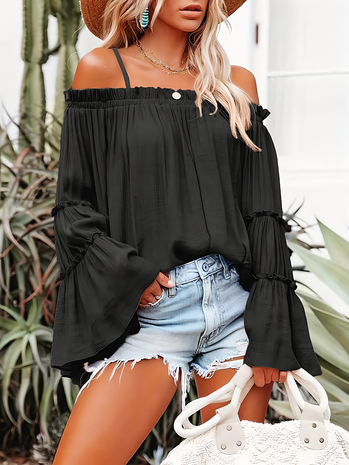 Women's Off-the-Shoulder Elegant Solid Color Cold-Shoulder Bell-Sleeve Blouse - Resort Casual Top