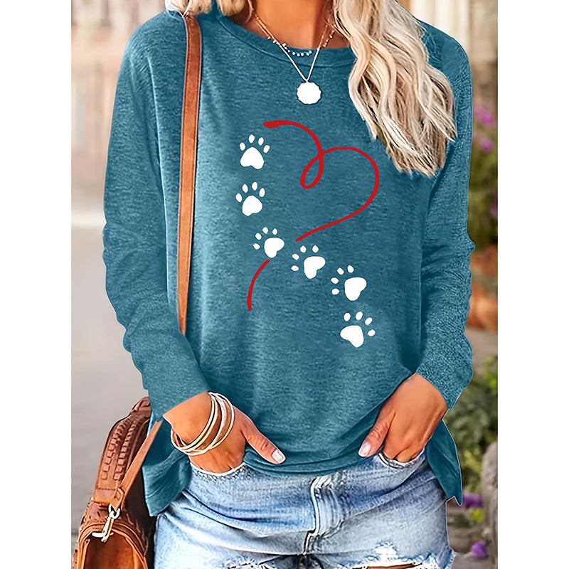 Women's Heart & Dog Paw Print T-shirt, Cute Crew Neck Long Sleeve Top For Spring & Fall