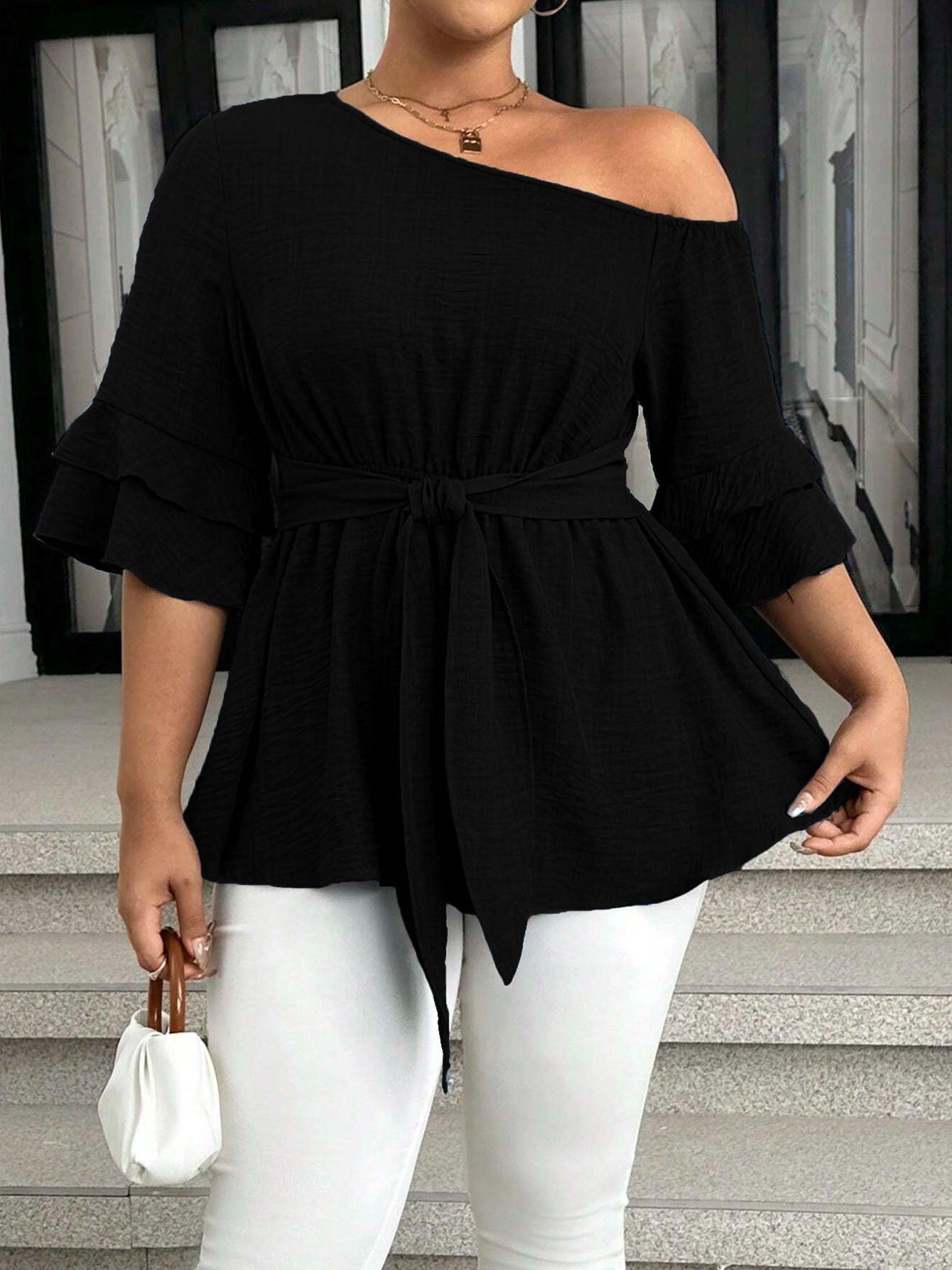 Women's Plus Size Sexy One-Shoulder Blouse - Summer Elegant Party Top With Waist Tie