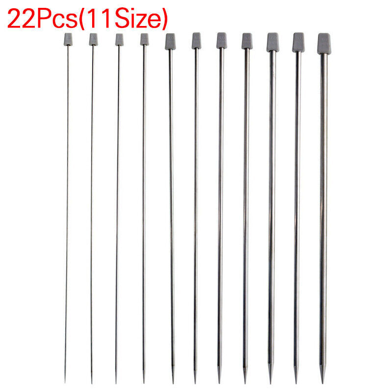 22pcs-11Pairs 25cm Single Pointed Stainless Steel Knitting Needles Set 2mm-8mm