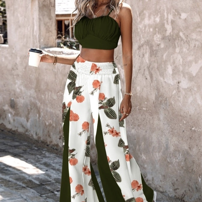 Women's New Solid Color Sexy Top Fashionable Flower Print Contrasting Pants Vacation Two-piece Pants Set