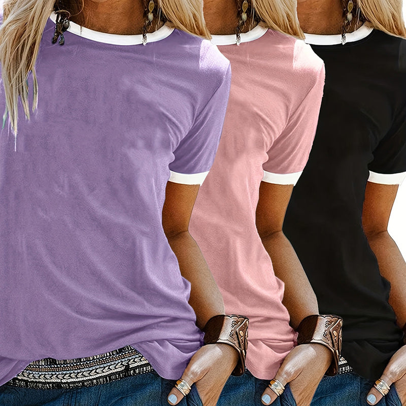 3-Pack Women's Casual Short Sleeve T-Shirts - Basic Round Neck Breathable Tees For Summer