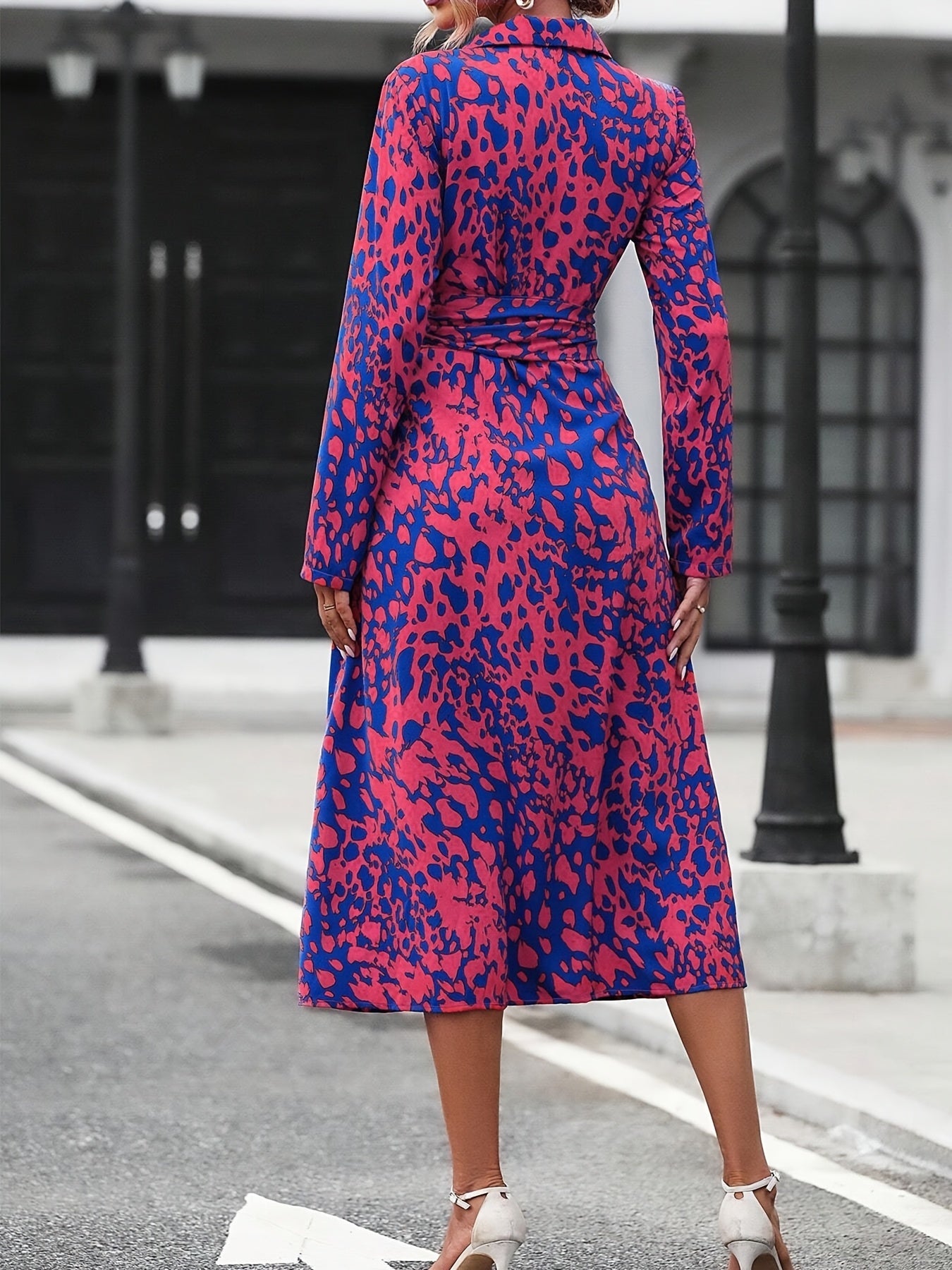 Women's Long-Sleeved All-Over Leopard Print Belted Shirt Dress - Casual Maxi Dress