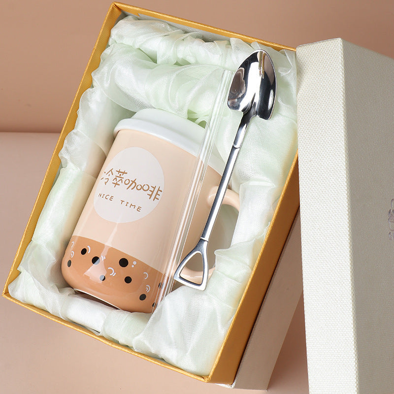 Fashion Personality Ceramic Mug With Lid And Straw Spoon