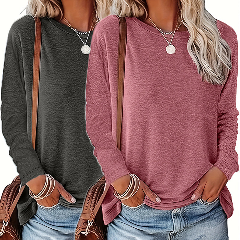 Basic Solid Color Women's Two-Piece Outfit Round Neck Long Sleeve Casual Tops For Spring & Fall