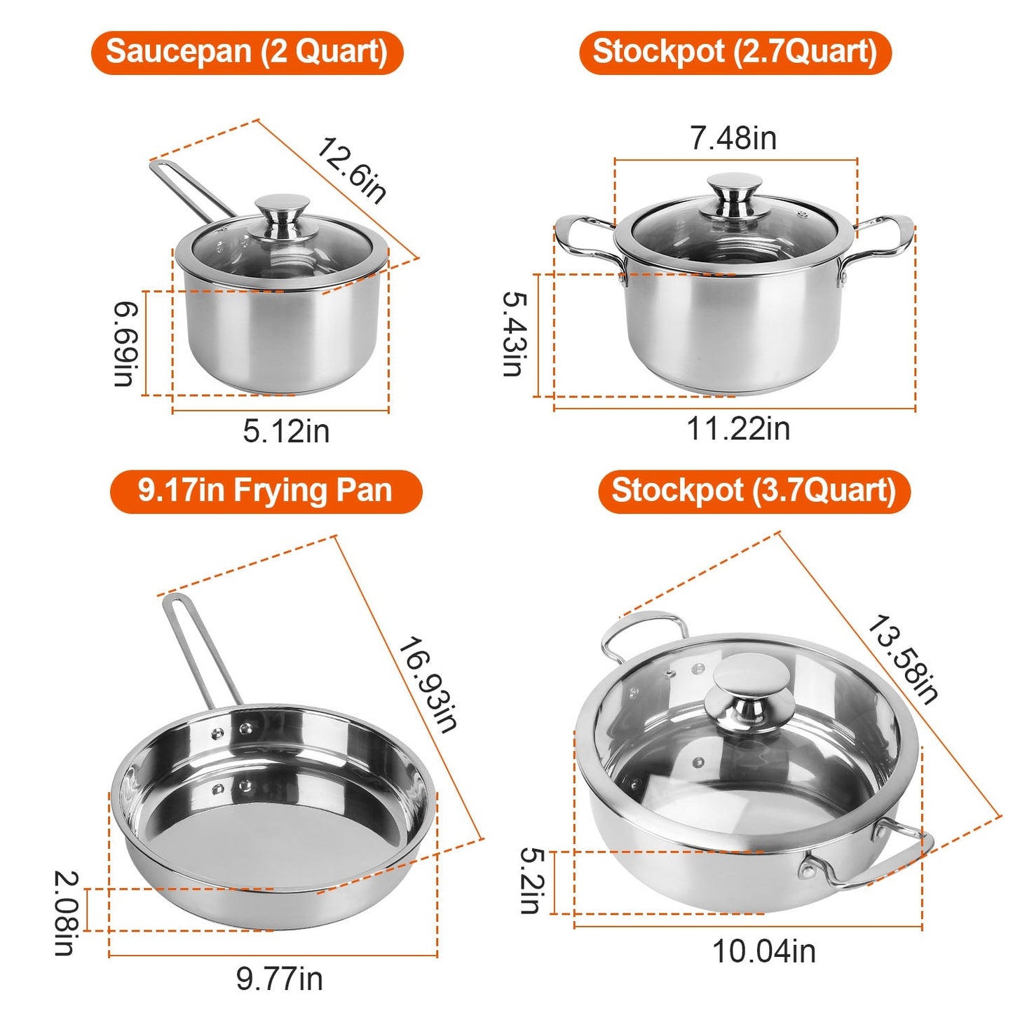 4Pcs Stainless Steel Cookware Set Frying Pan 2Quart Saucepan 2.7Quart 3.7Quart Stockpot With Lid Dishwasher Safe Fedex Shipping