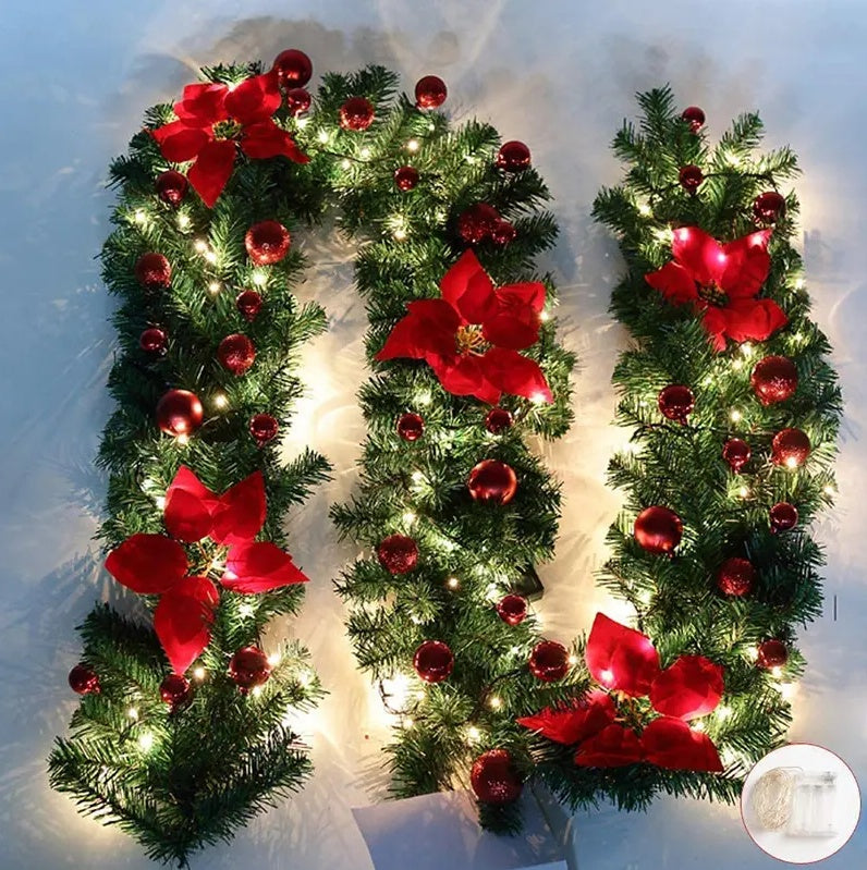 2.7M Christmas Garland With Lights Rattan Artificial Fireplace Wreath Stair Deco