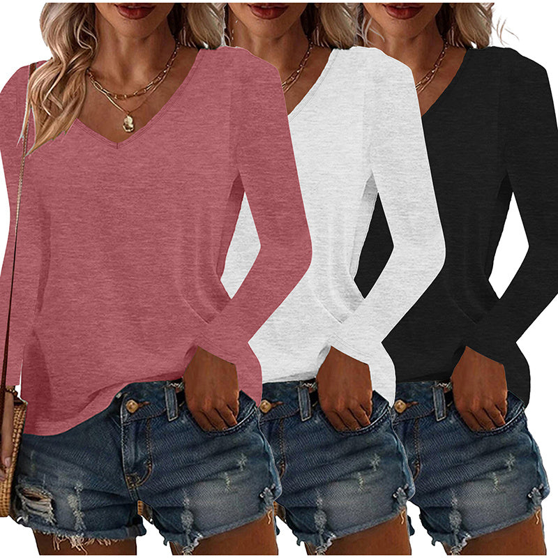 Womens Long Sleeve Shirts Fall Tops Basic Tshirts Loose Fit V Neck 3 Packs