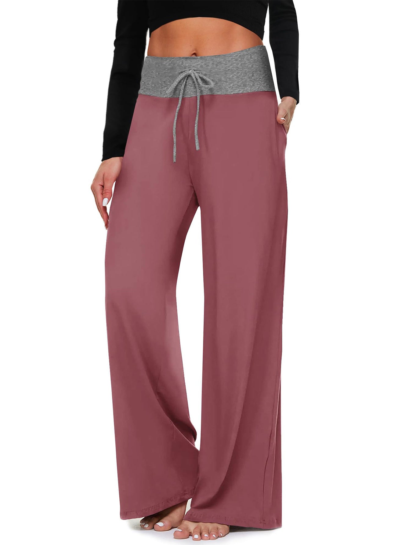 Wide-leg Pants - Cropped Pockets Solid Crimson