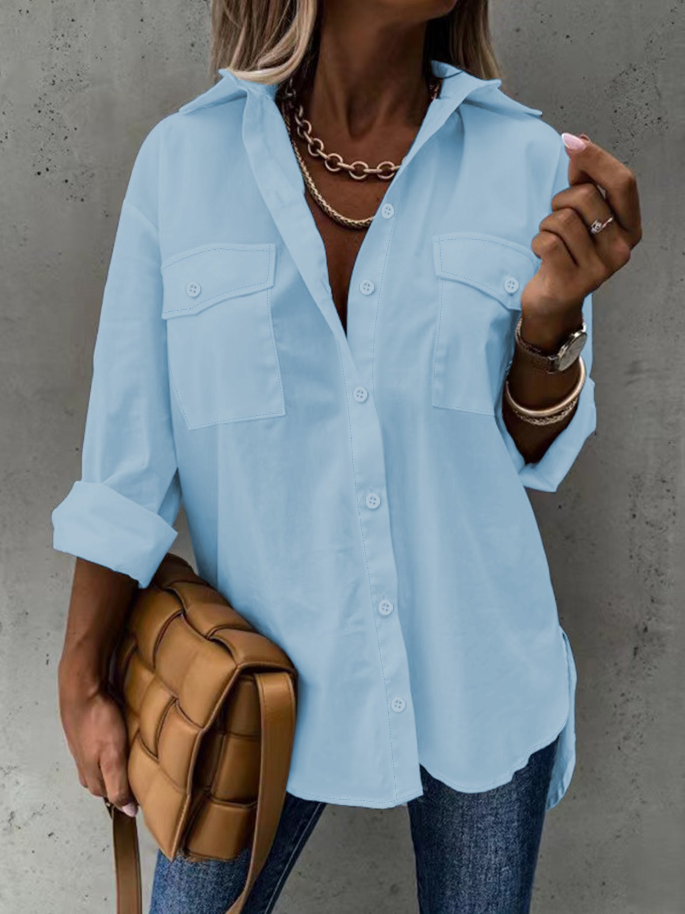 Simple Casual Long Sleeve Shirt With Pocket