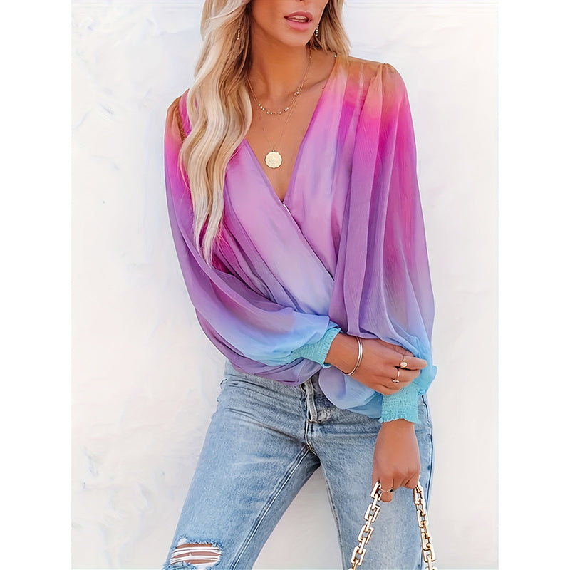 Womens V Neck Gradient Color Long Sleeve Tops 2025 Summer Casual Loose Puff Sleeve Chiffon Shirts