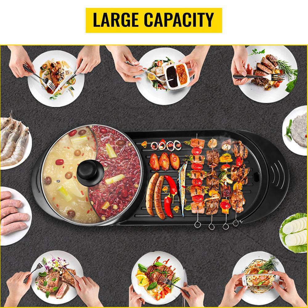 Electric 2 In 1 Hot Pot Hotpot BBQ Grill Oven Smokeless Barbecue Pan Machine