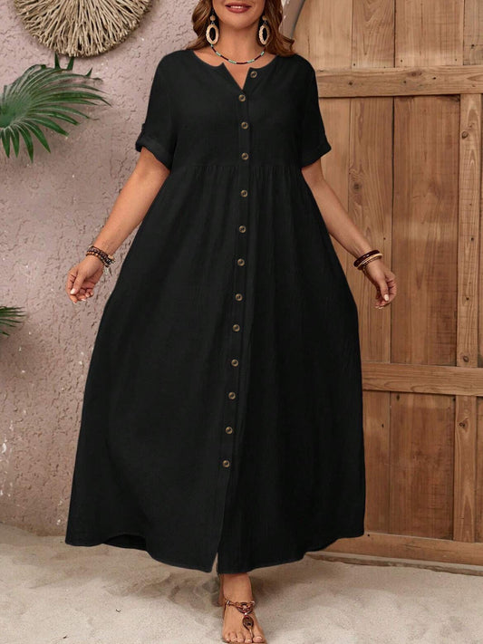Women's Plus Size Button-Down Maxi Dress - Casual Summer Short-Sleeve Flowy Dress With Pockets