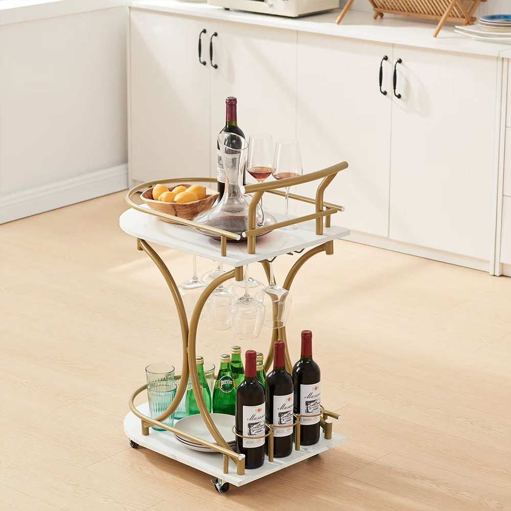 2-Tier Bar Cart,Gold Wine Cart With Wine Rack & Glass Holder,Mobile Bar Serving Cart,for Party,Home,Rolling Drink Trolley For Living Room