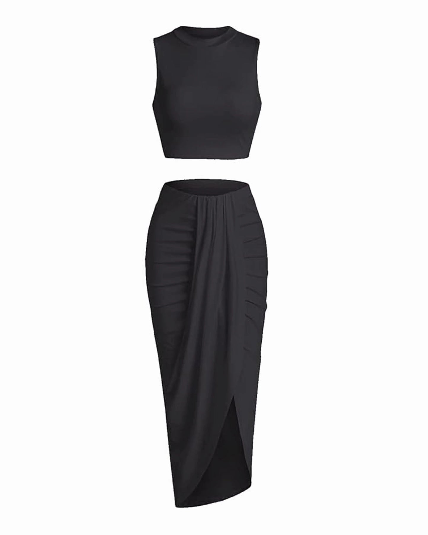Women's Casual Sleeveless Summer Two Piece Outfits Crop Top And Side Split Draped Ruched Maxi Skirt Set Solid Suiting